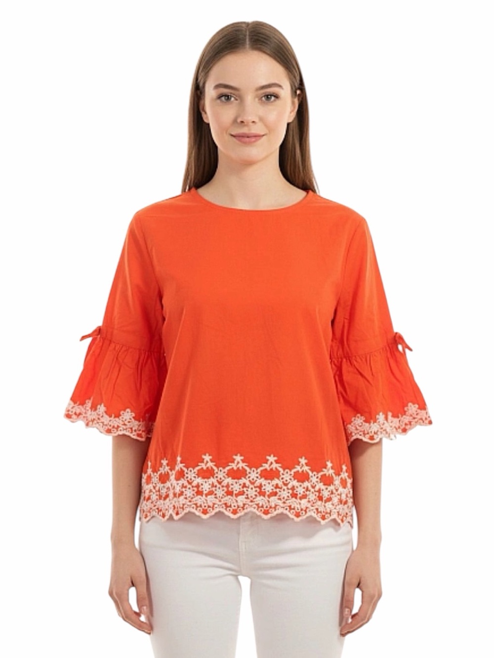 NWT Primark ($40) Orange Eyelet Cotton Blouse With Bows - PTP 21